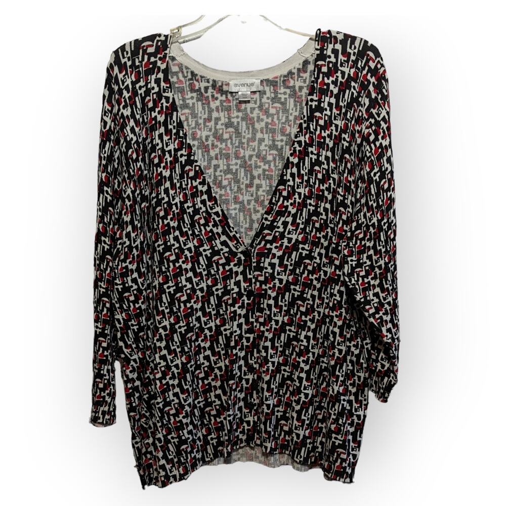Avenue Women Black Red Patterned Long Sleeve V Neck Button Down Cardigan 18/20